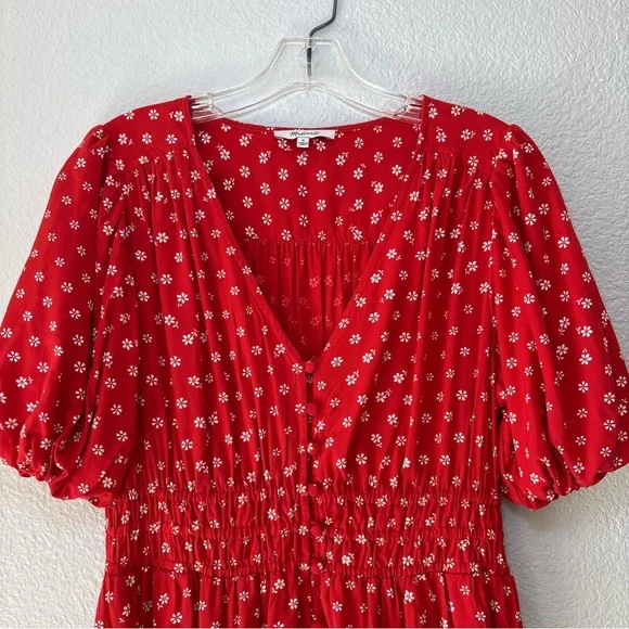 Madewell Women's Sophia Mini Dress Red Bandana Flower Floral Medium Puff Sleeve - Picture 4 of 13